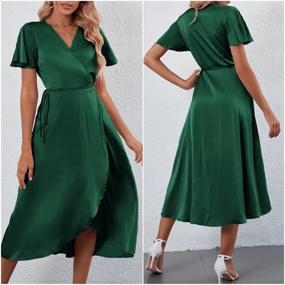 Luxe Green Butterfly Sleeve Wrap Dress - Picture 2 of 3